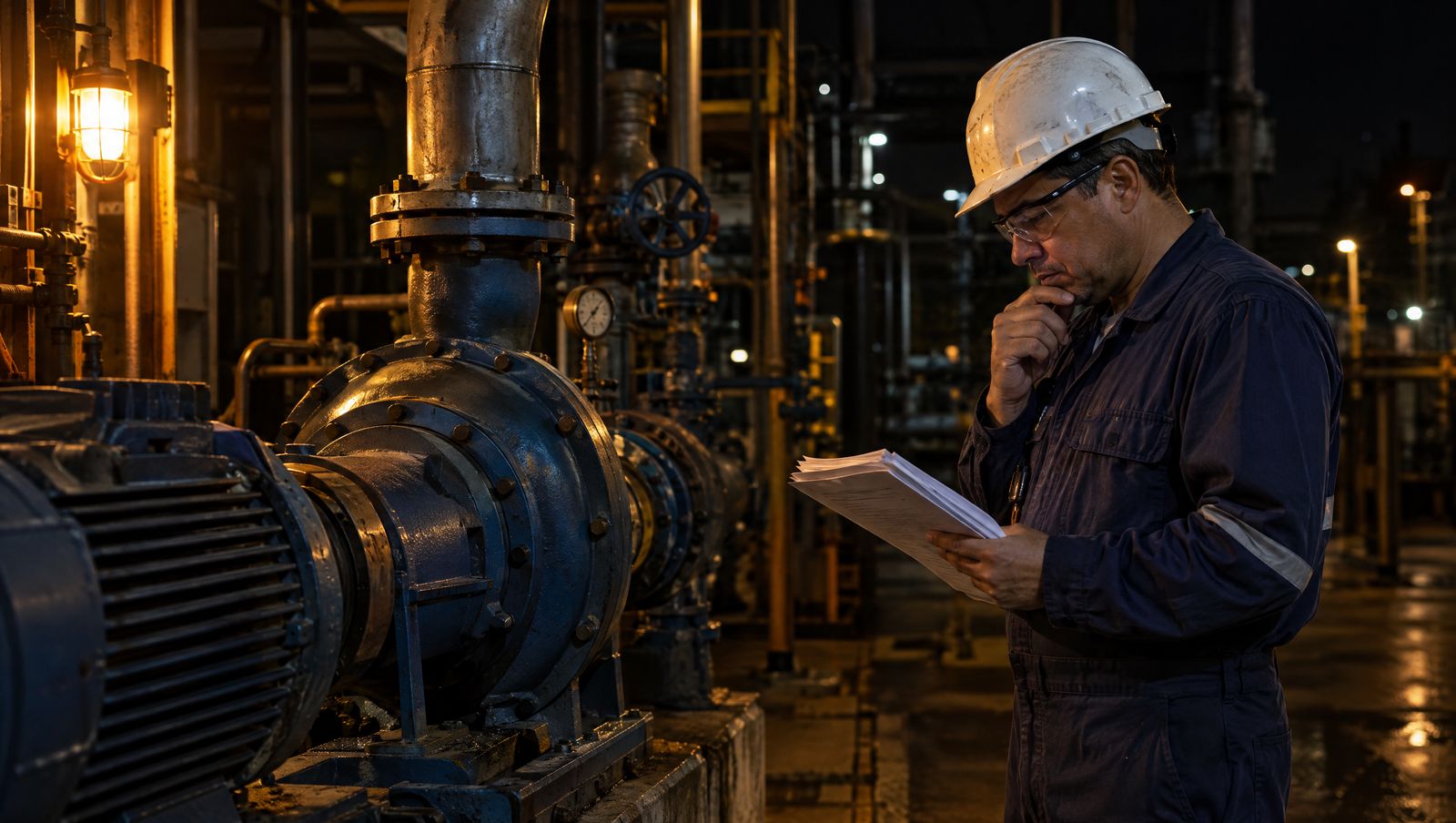 Supervisore di manutenzione che legge ordini di lavoro accanto a una pompa industriale, di notte
